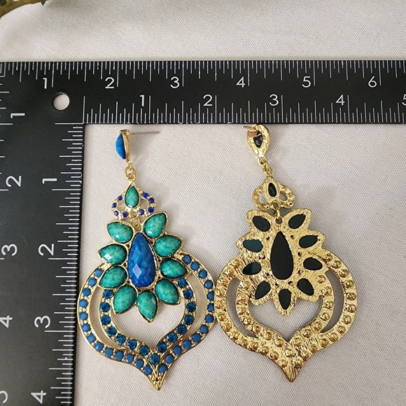 Large Glam Statement Blue Green Earrings - Picture 4 of 9